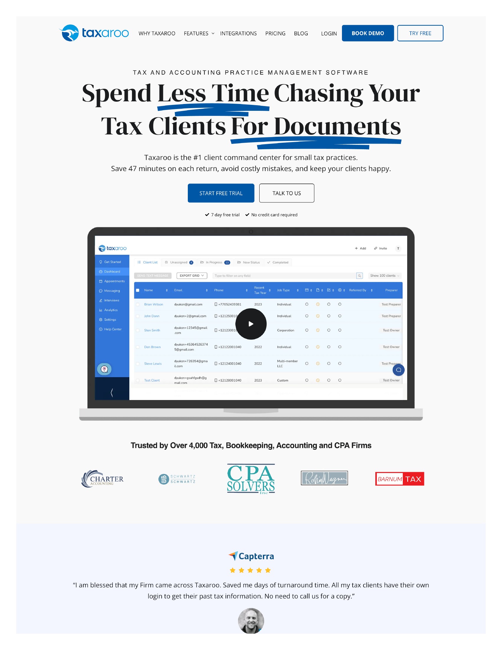 Taxaroo homepage after — problem-first headline: Spend Less Time Chasing Your Tax Clients For Documents